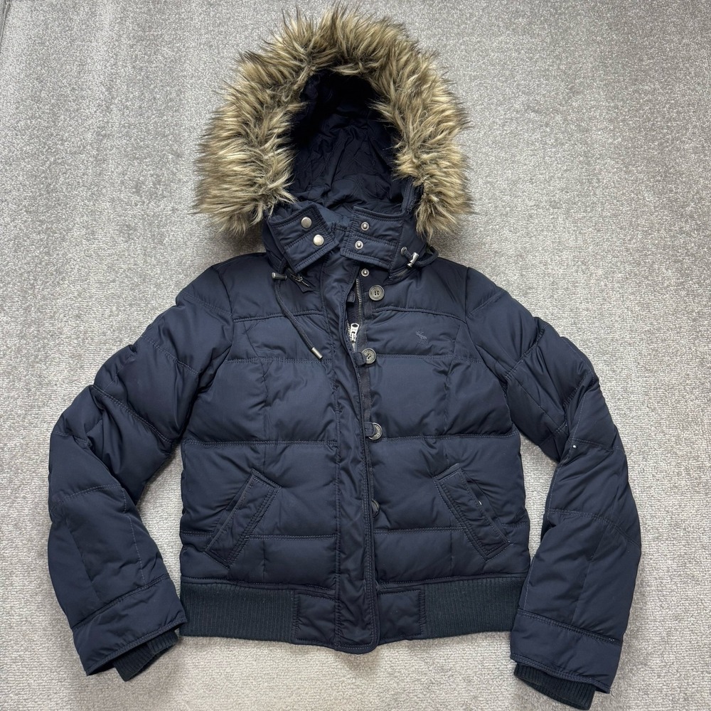 Y2K Abercrombie & Fitch Large Puffer Faux Fur Down Filled Navy Coat Read